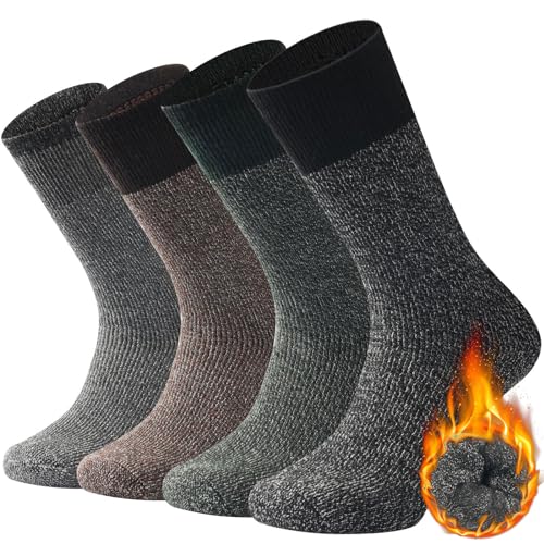 Toes Home Thermal Hiking Socks for Men Warm Thick Crew Socks Winter Cold Weather Wool Tall Calf 4 Pack Outdoor Boot Socks Gifts Christmas Stocking Stuffers
