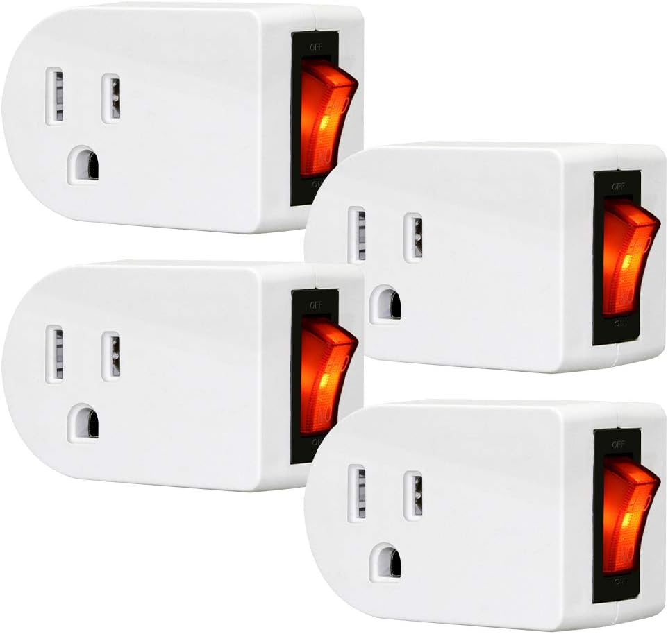 ANKO Grounded Outlet Adapter, ETL Listed Wall Tap Adapter with Red Indicator On/Off Power Switch (4 Pack)