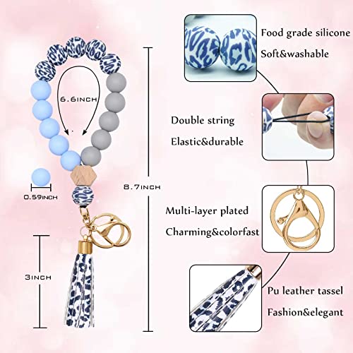 Image of BAOSIWA Silicone Key Ring Bracelet Wristlet Keychain Unique Beaded Bangle Key Chains for Women with Leather Tassel