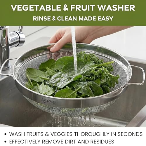 Image of Inme Stainless Steel Puran Multipurpose Strainer Jali for Juice Soup Sauces Food Vegetable & Fruits Washing Basket Bowl for Sink Steel Jali Chalni Channi Colander Sieve for Kitchen - 22 cm Diameter