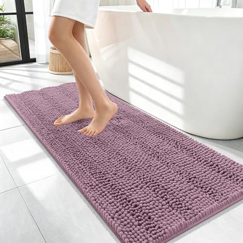 Image of OLANLY Thick Bathroom Runner Rugs 47x17, Extra Absorbent Chenille Striped Bath Rugs, Rubber Backing, Machine Wash Dry, Long Bath Mats for Bathroom, Tub and Shower, Home Decor Accessories, Deep Plum