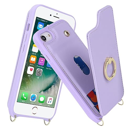 Image of for iPhone 7 /8 /SE 2020 /SE 2022 Case with Card Holder and Strap for Women,Crossbody Lanyard,Kickstand Ring Stand,Snap Clasp,Phone Wallet Cases 4.7 inch(Purple)