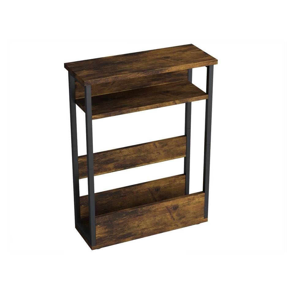 URBNLIVING Modern 3-Tier Rustic Brown Slim Coffee Side Table with Storage, Newspaper Magazine Shelf Rack, Skinny Compact Nightstand, Space-Saving Bedside Sofa End Desk for Small Spaces