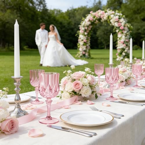 SKlarra 24PCS 7oz Plastic Wine Glasses Drinking Unbreakable Glassware Goblets Cups Pink Water Reusable Vintage Champagne Flutes for Valentine’s Day, Parties, Wedding (24, Pink) by SKlarra - Used condition - Image 5