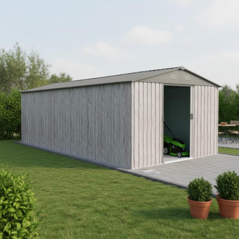 WoodTouch | Abri de Jardin Acier Galvanisé Beige 13,6m² | Robuste et Résistant aux Intempéries avec Kit d'ancrage | Double Porte Coulissante et Aération | Garantie 15 Ans
