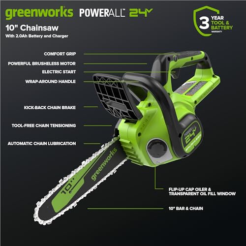 Image of Greenworks 24V 10'' Brushless Chainsaw, Great For Storm Clean-Up, Pruning, and Firewood, 2.0Ah Battery and 30W Type-C Charger