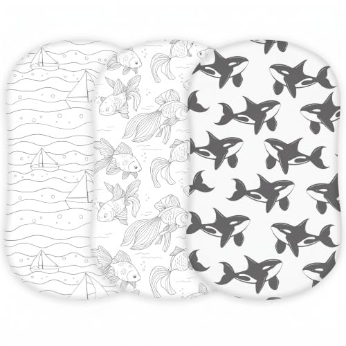 Image of TansyPanda Halo Bassinet Sheets for BassiNest Swivel, Luxe, Soothing, Lite, Connected, Essential Sleeper, 3PC, 33X17 in, Breathable, Skin Friendly, Ultra Soft, Snug Fit, Unisex Boys Girls, Ocean Fish