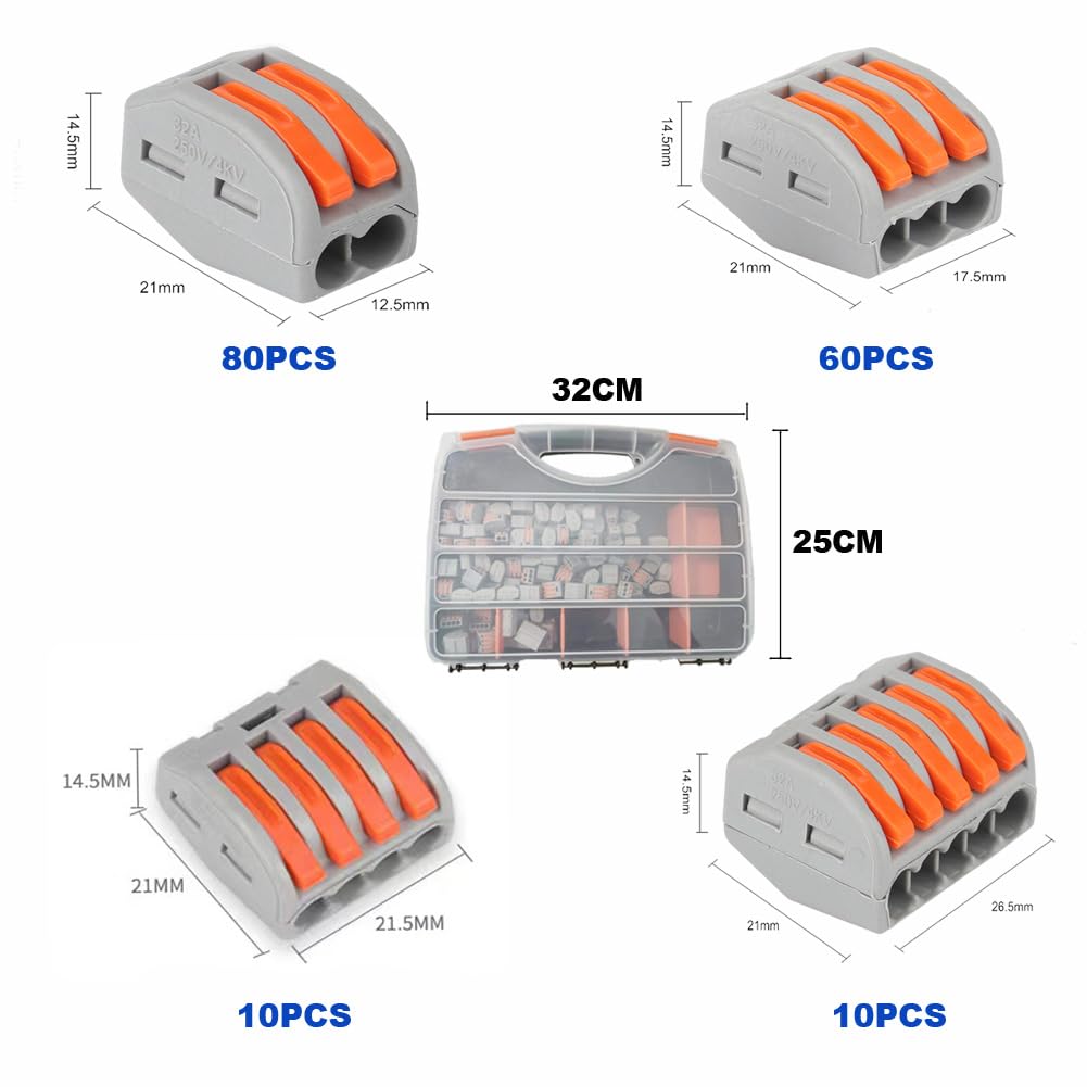 160pcs compact wire connectors, YUSHIHU electrical connectors, 80pcs 2 port clamps/60pcs 3-port clamps/10pcs 4-port clamps/10pcs 5-port clamps