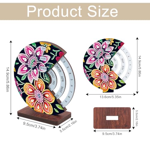 Image of AiYuanzsh DIY Diamond Art Tabletop Perpetual Calendar, 3D Wooden Desk Ornament with Floral Design, Sparkling Crystal Diamond Painting Kit for Desktop Decoration