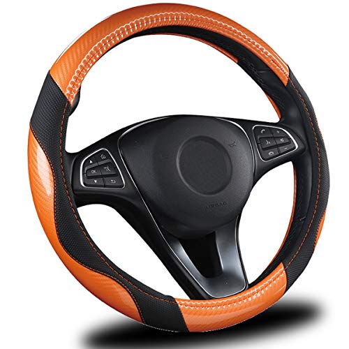 AmeriLuck Steering Wheel Cover for Car, Universal 15 inch, Odorless, Breathable, Anti-Slip, Sporty, Soft and Snug Grip, Carbon Fiber Effect (Orange | Back)