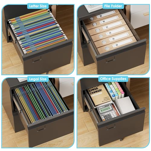 Image of Aobabo 2 Drawer Rolling Metal File Cabinet with Lock, 5 Wheels, Black