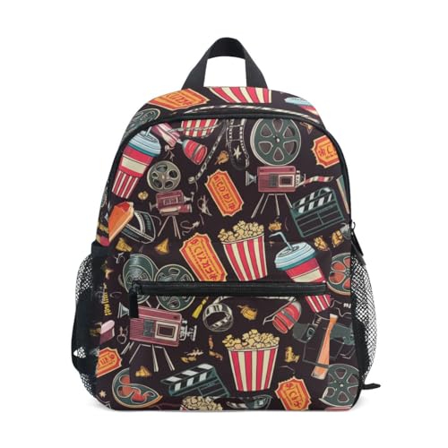 RPLIFE Mochila para niños y niñas, mochila clásica de noche de cine con palomitas de maíz, mochila negra para niños pequeños con etiqueta de nombre, mochila de viaje, 3-8 años, Classic Movie Night