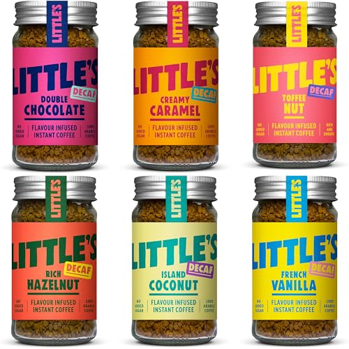 Little's Flavoured Decaf Bundle Instant Coffee, 6 Pack (50g x 6) - Decaffeinated Coffee, Flavours: Toffee, Vanilla, Chocolate, Hazelnut, Caramel, Coconut - Vegan Friendly, Low Calories, No Added Sugar
