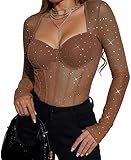 Sukiglam Body Mujer Manga Larga cuello en Corazón Sexy Bodys de Malla Transparente con Lentejuelas Slim Fit Lencería Corsé con Cierre a Presión Chic Interior Shapewear Body Tanga Brillante de Club