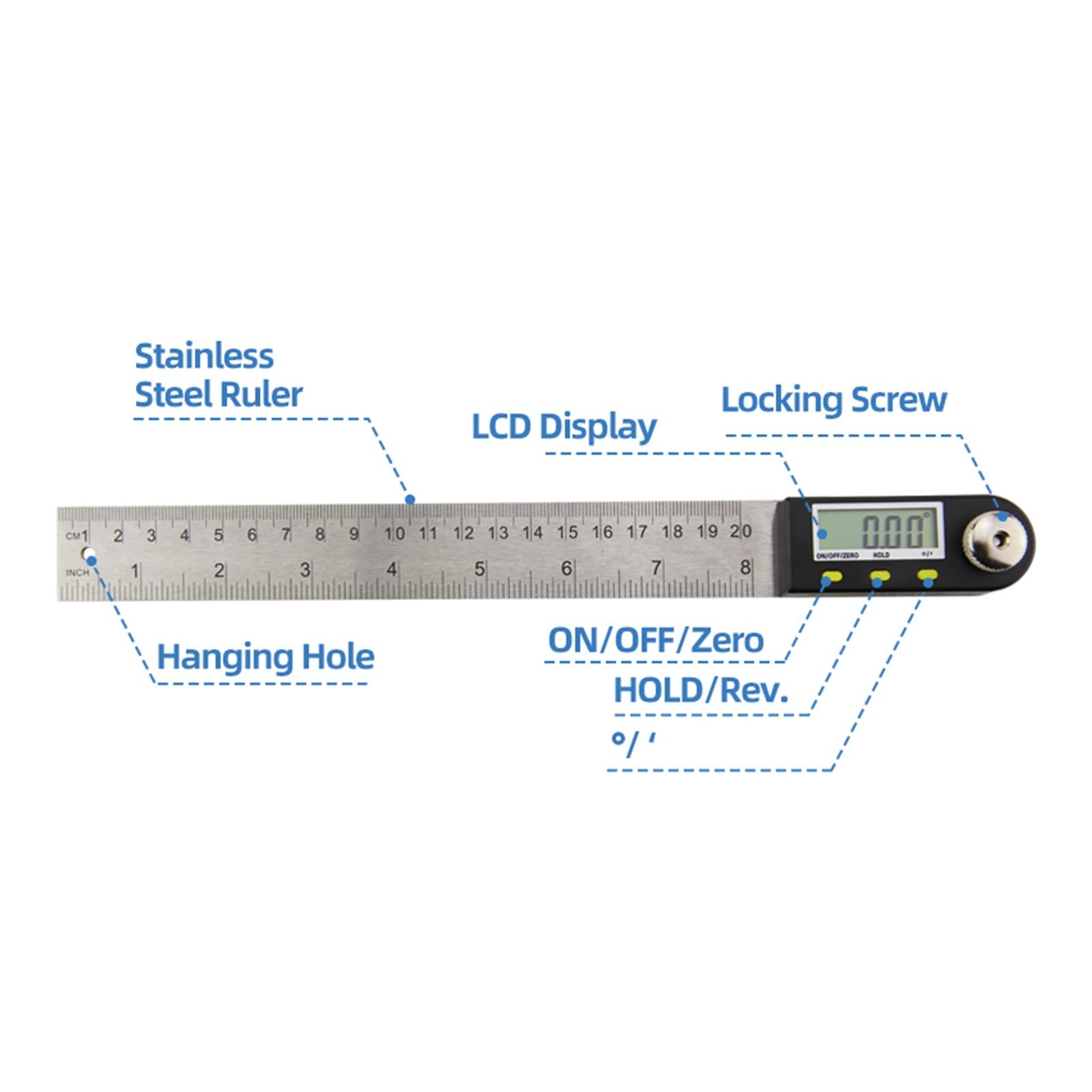 Goniometro digitale Strumenti elettronici da falegname Angle Finder Multi angolo di misurazione Righello Angolo, Strumento preciso(Protractor Blue P3)