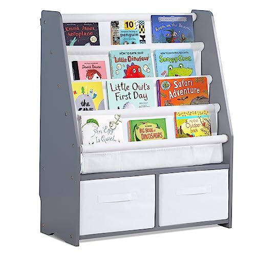Image of MallBest Childrens Bookshelf Kids Sling Book Rack with Two Storage Boxes and Toys Organizer Shelves Natural Solid Wood Baby Bookcase