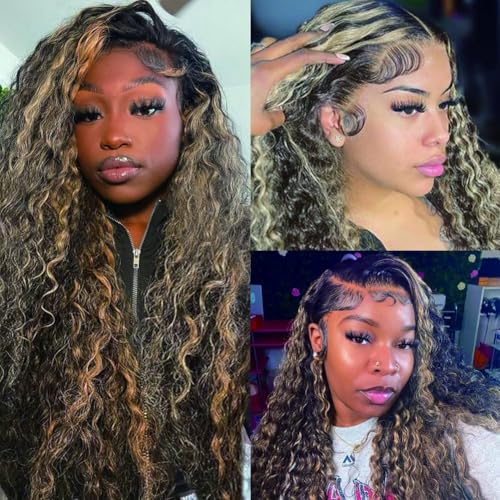 Image of bangjazz 32 Inch 13x4 HD Lace Front Wigs Human Hair 180% Density 1b /27 Balayage Deep Wave Lace Frontal Wigs Blonde with Black Colored Ombre Wig Human Hair Pre Plucked for Black Women Glueless Wig