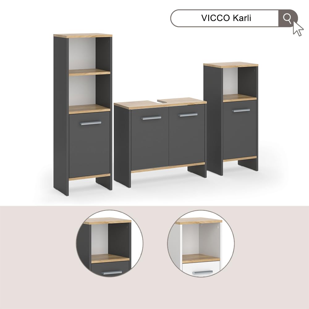 Vicco Ensemble de Meubles de Salle de Bains Karli, Chêne Blanc/Force de l'or, 131.4 cm, composé d’Un Meuble sous-lavabo, d’Une Armoire de Toilette et d’Une Colonne