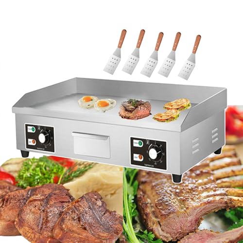 forplubossmmp Plancha Eléctrica Comercial para Asar Panqueques De Tocino Y Filetes, Parrilla Eléctrica Plana De Acero Inoxidable, Placa para Parrilla De Tocino Y Hamburguesas Y Calentador,4400W