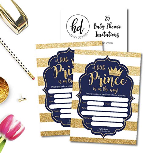 25 Little Prince Baby Shower Invitations, Navy & Gold Sprinkle Invite For Boy, Modern Gender Theme, Cute Printed Fill Or Write In Blank Printable Card, Vintage Unique Coed Party Stock Paper Supplies #TOP3
