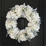 Hometrance Cream Hydrangea Wreath for Front Door Outside, 18 Inch Wedding Decorations with Hydrangea, Lamb’s Ear Leaves for All Seasons Wreath, Spring Summer Farmhouse White Year Round Wreaths