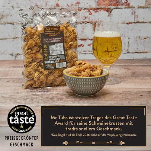 Mr Tubs Pork Crackling - 250g-Tüte - Premium Schweinekrusten Snack, – Glutenfreier, Proteinreicher, Kohlenhydratarmer, Ketofreundlicher Snack (250g, Traditional)
