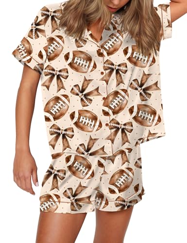 Image of SHESHOW Pajamas for Women Set Satin Button Down Short Sleeve Top and Shorts Pjs Sets Sport Ball Print Sleepwear XS-XXL
