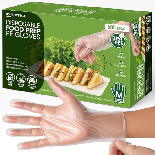 Image of Keppi 600 Pack Disposable Gloves Medium - Clear HDPE Plastic, Food Safe, Latex-Free, BPA-Free - Single-Use for Cooking, Food Prep, Cleaning & Serving
