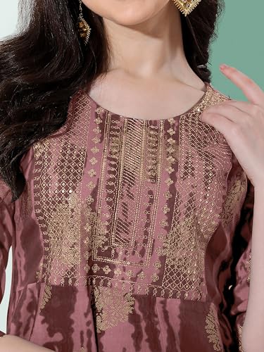 Image of MIRCHI FASHION Women's Cotton Relaxed Fit A Line Sequins Embroidery Work Foil Printed A-Line Kurti Only