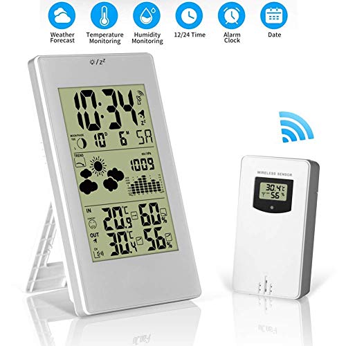 Wetterstation mit Barometer-Vorhersage, digitalem Thermometer-Hygrometer Raumfeuchtigkeit im Innen- und Außenbereich mit Wettervorhersage Wecker-