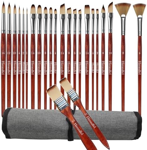 24 Pieces Paint Brushes Including Round Tip, Filbert, Angled, Flat, Fan, Cat Tongue and Dagger Brush Types, for Acrylic, Watercolor, Oil and Gouache Painting