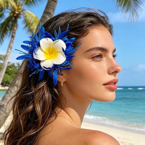 Pinzas para cabello con flores tropicales frangipani azul, 2 piezas miniatura 4