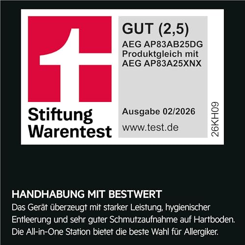 AEG Ultimate 8000 Akku Staubsauger mit Absaugstation, von Stiftung Warentest mit GUT (2,5), Auto‑Modus, 5‑Stufen‑Filtration, für Hartboden, Teppich, 25V Akku wechselbar, 400 ml, Dunkelgrau, AP83AB25DG