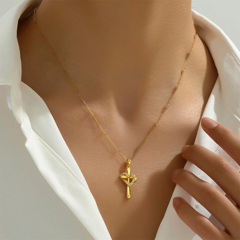 Cross Necklace for Women 18K Gold Plated Cubic Zirconia Cross Long Pendant Necklace Double Cross Pendant Dainty and Retro Diamond Necklace Faith Jewelry Women Religious Gifts - Image 3
