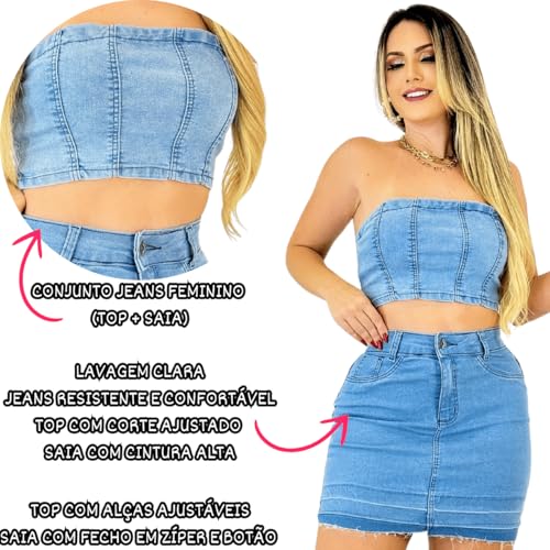 Conjunto Saia e Cropped Jeans Azul Claro (100, jeans claro, 38)