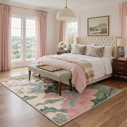 Image of BEIMO Area Rugs 5x7 for Living Room Bedroom, Modern Abstract Machine Washable Rug, Large Soft Low Pile Floor Carpet with Non Slip Backing for Dining Room, Sage Pink