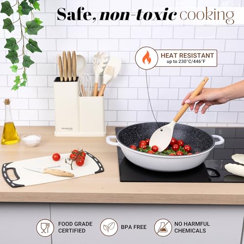Cooking Utensils Set with Chopping Board – Knife Set with Block – Heat Resistant Silicone Utensils with Wooden Handle, Spoons, Ladles & Spatula – Kitchen Tools & Accessories – 17pcs, Cream – by Nuovva - Image 3
