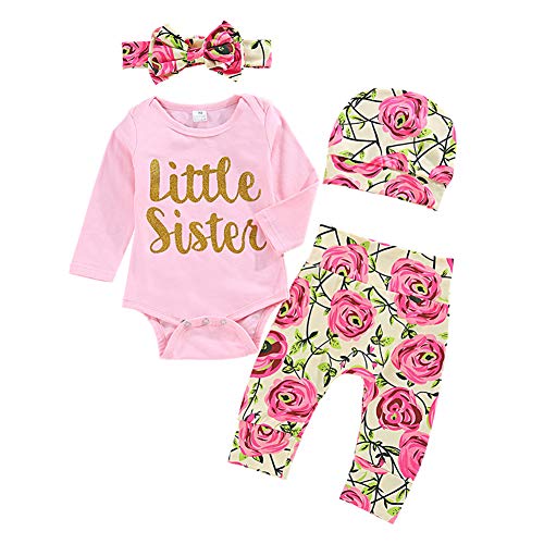 Newborn Baby Girl Clothes Outfits Infant Romper Ruffle Onsies Floral Pants 4Pcs Little Sister Clothing Set Pink