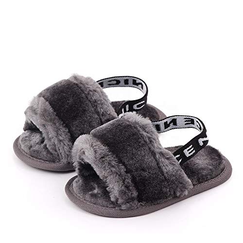 FE&H Baby Girls Sandals Faux Fur Slippers with Elastic Back Strap Fuzzy Slides Fluffy Soft Flat First Walker Toddler Boy House Shoes 12-18 Months (Gray)