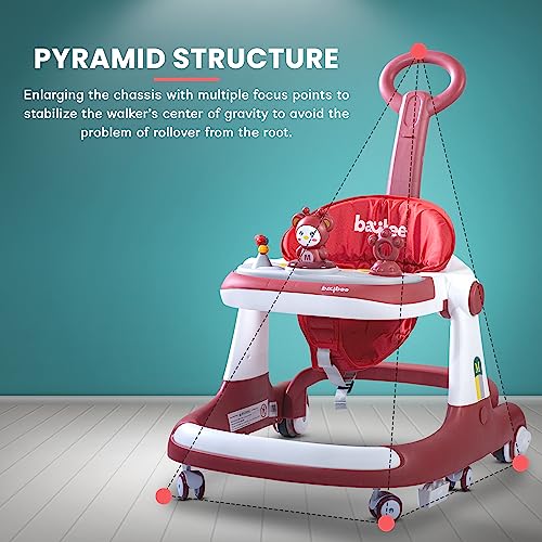 Image of Baybee Magnum 2 in 1 Baby Walker for Kids, Round Kids Push Walker with Parental Handle & Height Adjustable, Foldable Activity Walker for Baby with Musical Toy Bar for 6-18 Months Boys Girls (Red)