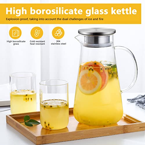 Foto von Glas Krug Karaffe 2 Liter Wasserkaraffe mit Edelstahl Deckel und Rührlöffel Transparent Getränkekaraffe Wasser Pitcher für Hausgemachte Getränke Eistee Milch Kaffee Wein Fruchtsaft Kokoswasser