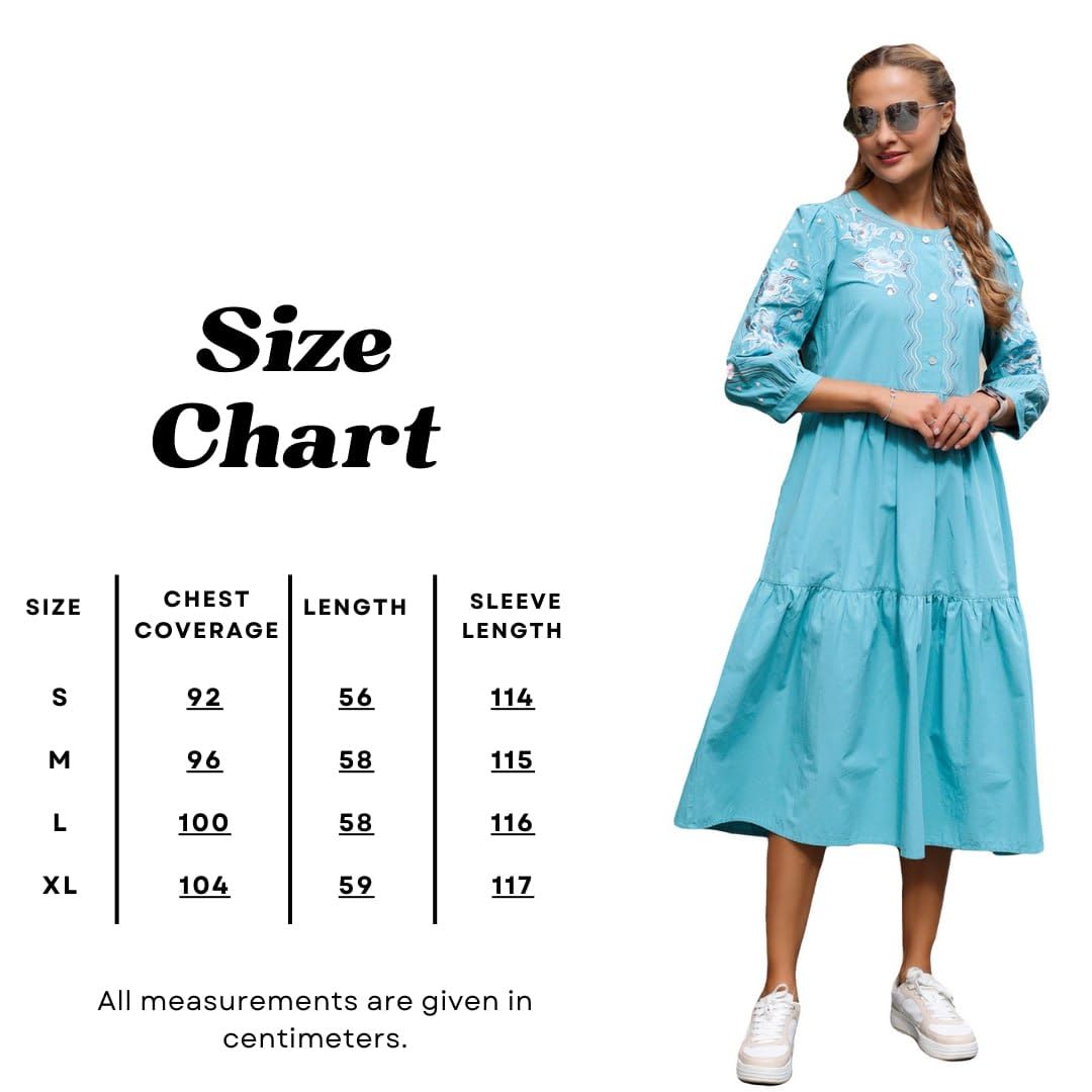Abito Vyshyvanka turchese da donna con ricamo floreale | Abito lungo in cotone ricamato con maniche a 3/4 | Moda ucraina moderna
