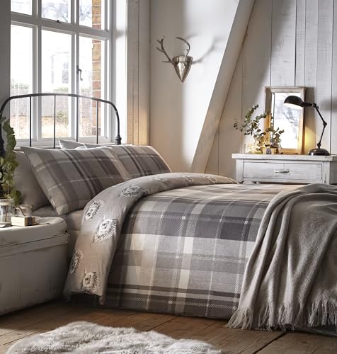 Dreams & Drapes - Housse de Couette hérisson à Carreaux Gris - 200 x 200 cm - 2 taies d'oreiller - 100% Coton brossé Doux - Design réversible - Parure de lit en...