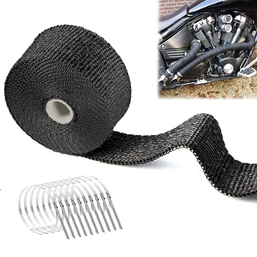 5M Cinta Anticalórica Escape para Motocicleta - Rollo Aislante en Fibra de Vidrio, Disipación de Calor y Protección Contra el Calor con 10 Bridas Metálicas para Colectores de Escape de Moto y Coches