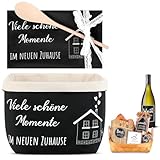 Sinmoe Geschenk zum Einzug Einzugsgeschenke Haus Brotkorb Brot Salz Wein Aufkleber Geschirrtuch Kochlöffel Einweihungsgeschenk zum Wohnung Richtfest(Schwarz,Viele schöne Momente im neuen Zuhause)