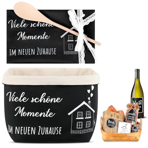 Sinmoe Regalo de Inauguración de Casa Bolsa de Pan Paño de Cocina Cuchara de Madera Pegatina de Pan Sal Vino Regalo de Nuevo Hogar Departamento(Negro,Viele schöne Momente im neuen Zuhause)