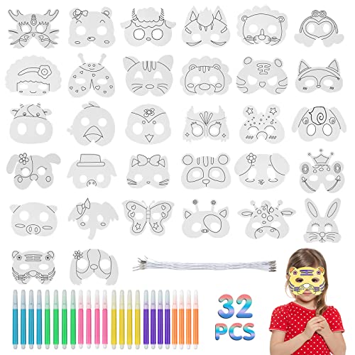 Tiermasken für Kinder, 32 Stück Tiermasken Cosplay Party Masken mit 32 Bungee-Strings und 24 Farbigen Aquarell-Pinsel, DIY Papier Ausmalen Blanko Bemalen Masken, für Halloween Weihnachten Geburtstag Tiermasken für Kinder, 32 Stück Tiermasken Cosplay Party Masken mit 32 Bungee-Strings und 24 Farbigen Aquarell-Pinsel, DIY Papier Ausmalen Blanko Bemalen Masken, für Halloween Weihnachten Geburtstag