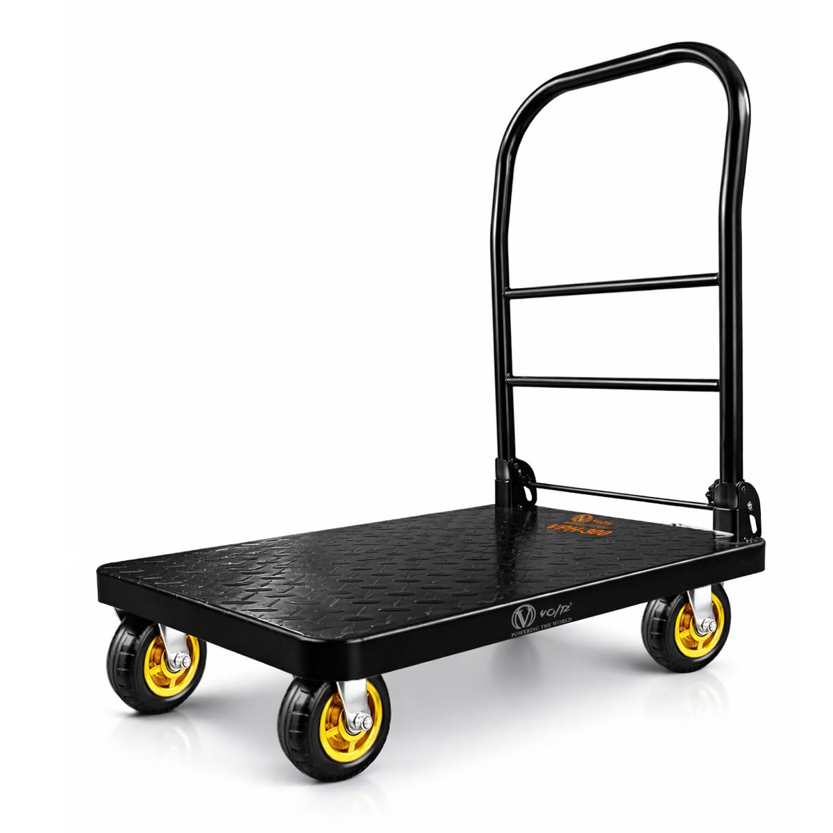 Voltz VZ-VPH 300 Steel Platform Trolley 300kg Load Capacity, Heavy Duty Steel Platform Trolley with 360° Swivel Wheels, Rubber Bumper Protection, Foldable Handle, Industrial Warehouse Moving Cart-image-3