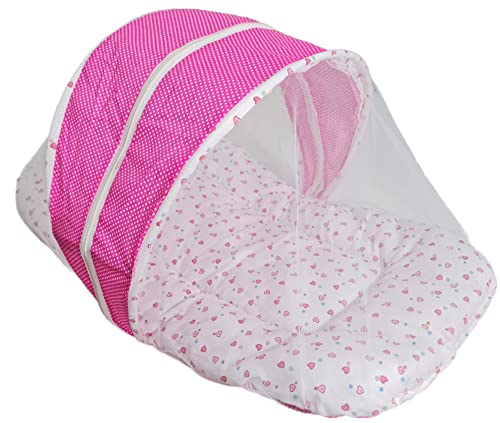 Image of BRANDONN Combo of Baby Bed with Net | Carry Bag | 4 Pcs Bedding Set(0-6 Months) (Small Hearts Pink)