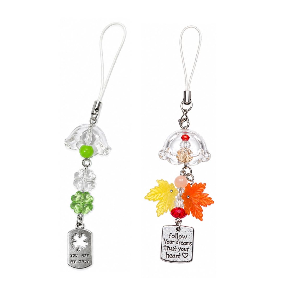 Autumn Maple Leaf Phone & Clover Charm Strap | Pack of 2 Yellow & Orange Leaf Bead and Green Clover Keychain | Cute Fall Aesthetic Phone Lanyard | Bag, Camera, Keychain Charm for Women & Girls-image-4